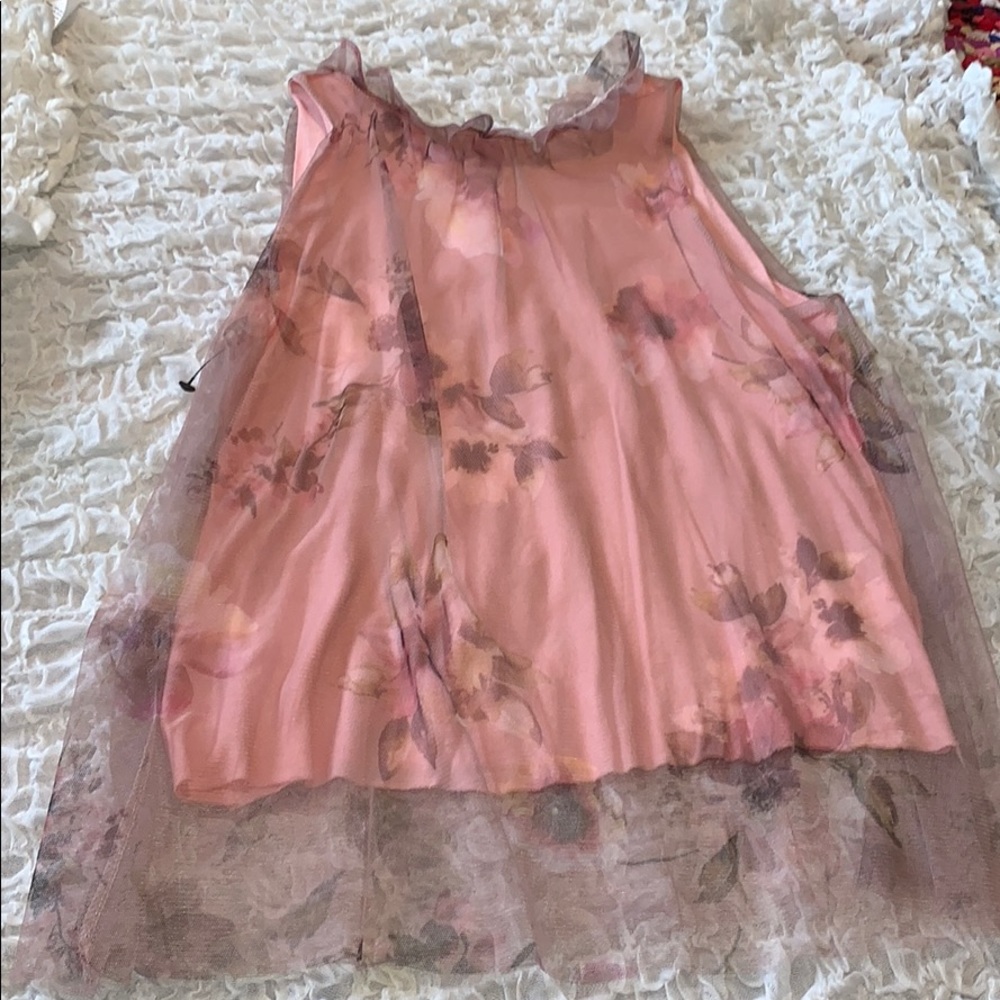 Peach floral tank with mesh overlay